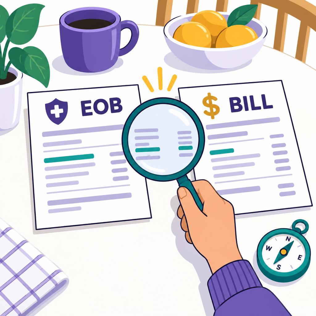 An EOB and a bill side by side being compared with a magnifying glass.